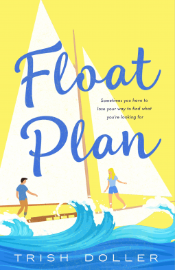 Illustrated cover in blue and yellow of a white man and a woman on a sailboat on the ocean