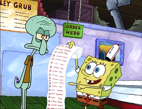 Spongebob showing squidward a list