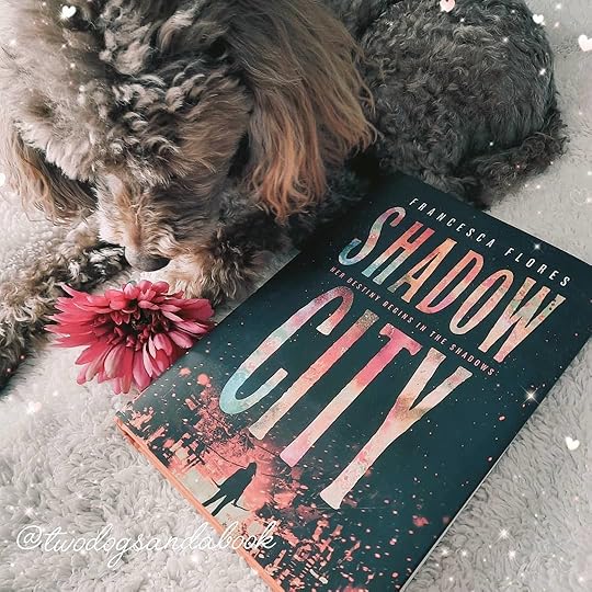 A cute dog with a copy of the book entitled Shadow City by Francesca Flores