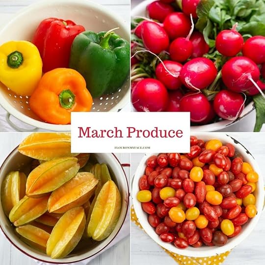 Collage image of bell peppers, radishes, carambola, and grape tomatoes.