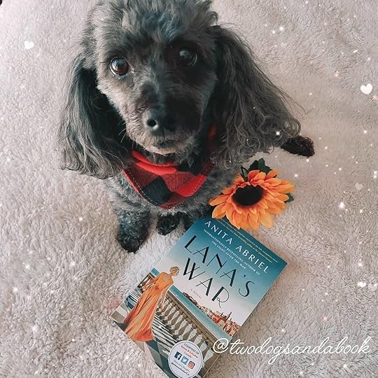 A cute dog with a copy of the book entitled Lana's War by Anita Abriel