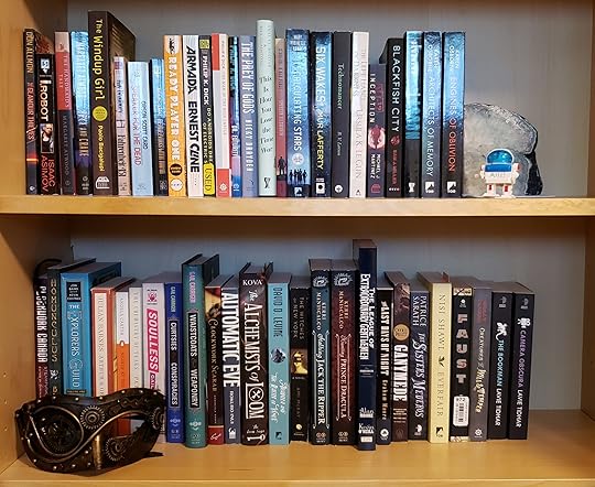 Two shelves of books divided by science fiction and steampunk