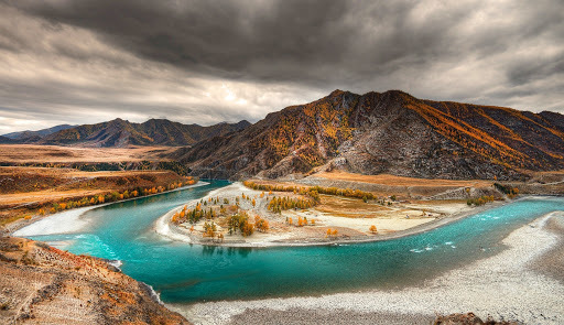 beautiful, autumn, clouds, river, mountains, Asia, turquoise water, trees, river beach :: Wallpapers