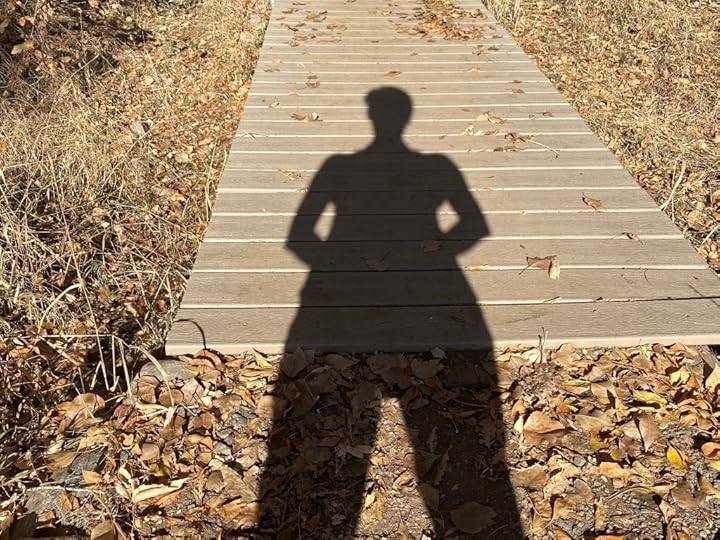 Wood bridge, no hand rail, crosses dry ground, shadow of a person extends from viewer to middle of bridge. Dry leaves and grasses surround bridge.