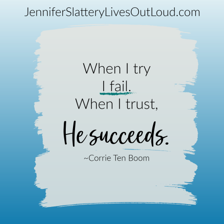 Blue background with quote from Corrie Ten Boom on trusting God