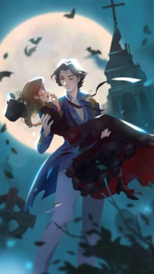 Caroline in a romantic scenario in the arms of the vampire Vincent under the moonlight