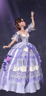 Gorgeous Victorian ballgown covered in lace, purple ribbons, and flowers