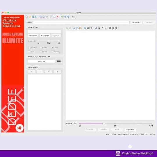 Page d’accueil unique du programme Dedee. C’est depuis cette page que se choisissent toutes les options pour dédicacer les ebooks. Ajout d’image, de texte, de police etc.