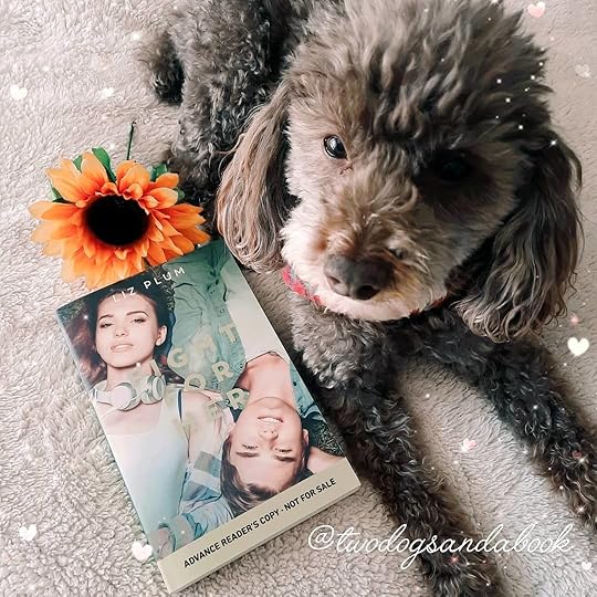 A cute dog with a copy of the book entitled Fight For Her by Liz Plum