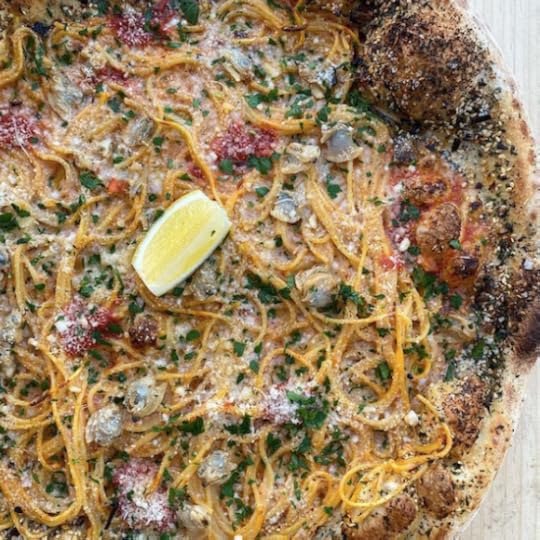 Photo courtesy of Mel’s Pizza. Clam Pasta Pizza.
