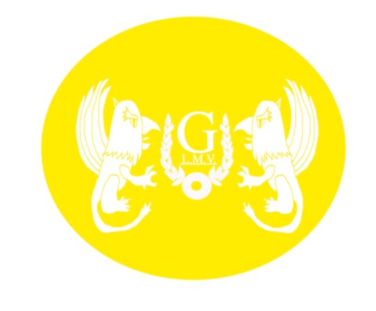 A heraldic crest: two gryphons on either side of a laurel wreath marked with the letters G — L.M.V.