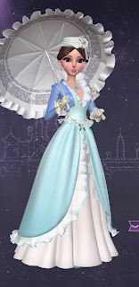 Jo in a pale blue tea dress accented with white lace, ruffles, a feminine white hat, and white parasol