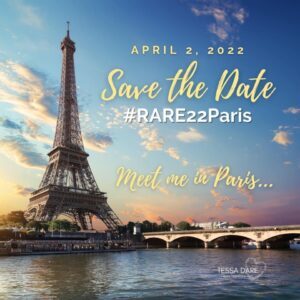 Image: The Eiffel tower, set against a blue sky. Text reads April 2, 2022. Save the Date. Rare 22 Paris.