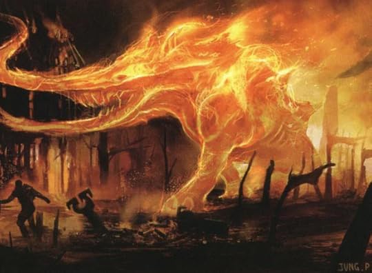 A beastly wildfire elemental leaving a town burned and behind it - Scourge of Geier Reach by Jung Park