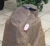 A dagger and a severed ear on a rock