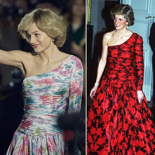 Left: Emma Corrin as Diana in The Crown. Right: Diana.
