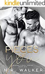 Cover for Pieces of You by N. R. Walker shows a black and white photo of two men, one with wings tattooed on his chest, nuzzling into each other