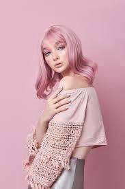 Cute Girl With Long Pink Hair, Hair Coloring. Beautiful Woman On A Pink Background In A White Dress. Colored Hair, Perfect Stock Photo - Image of caucasian, dyed: 195568566