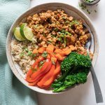 Bowl of spicy tempeh with some brown rice and steamed veggies