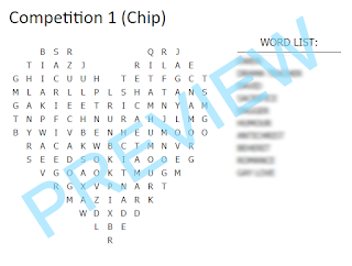 Heart shaped word search with 10 words in the word list and the word "Preview" over the top.