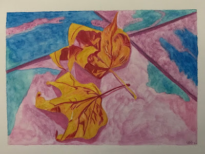 Leaves on concrete abstract drawing in watercolour pencil on watercolour paper, artist Linzé Brandon, signed as LdV-V