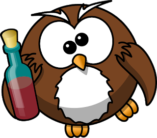 Drunk owl with bottle of wine