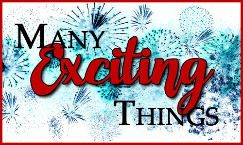 Blue explosions on a white background with the words "Many Exciting Things" over the top.