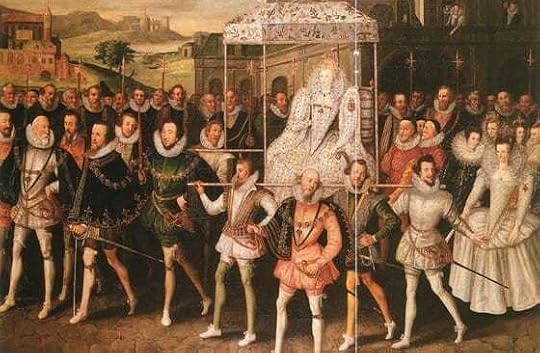 Image of Queen Elizabeth I with her courtiers, illustrating the backdrop to these mysteries set in Elizabethan England