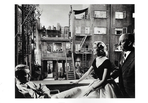 James Stewart, Grace Kelly and Alfred Hitchcock at the set of Rear Window (1954)