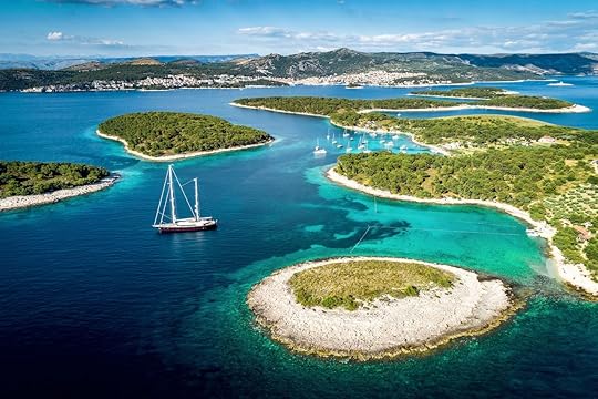 Aerial view of Paklinski Islands in Hvar, Croatia. Turquise water bays with luxury yachts and sailing boats. Toned image., travelzoo deal