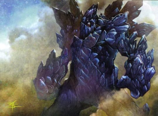 The looming shape, made of shards of deep black glass - Glass Golem by Glen Angus