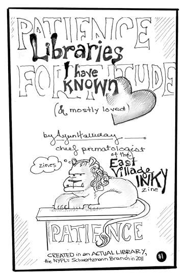 Cover of Libraries I Have Known (& mostly loved) zine, showing NY Public Library's sentinel lion, Patience, thinking 