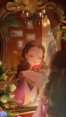 Phantom of the Opera artwork of Christine smiling at a rose in her dressing room as the phantom watches her through a mirror.