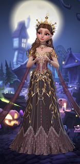 Christine in her stunning opera costume, a deep burgundy gown encrusted with gold accents and an elaborate golden crown