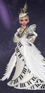 Christine in her "Angel of Music" gown, an over-the-top white fantasy dress that the Phantom forces her to wear accented with a swirling piano keyboard and white feathered wings
