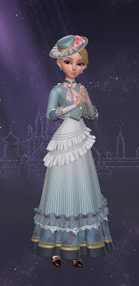 Christine in her standard gray day dress, accented with pink ribbons and an asymmetrical hat with pink roses on it