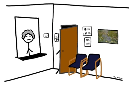 Waiting room with stick figure walking through door