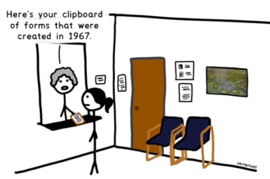 Not-that-friendly lady: Here's your clipboard of forms that were created in 1967.