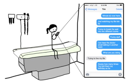 Zoomed-in picture-in-picture of Tandice's phone screen. Her texts with Tim.Minute 40 over here. Just watching my life tick by. Funny to break the wait into two different rooms. Funny stuff. Can hear the doctor small talking in another room. What are you doingTim: Trying to live my lifeTandice: Guess how many times I've told them my birthday so far