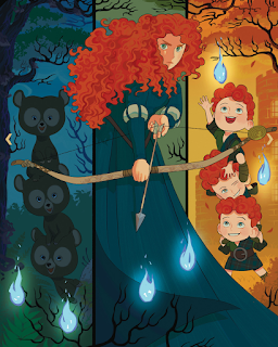 Triptych of Merida with her three brothers as bears one one side and humans on the other