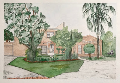 Watercolour and ink painting of iSERT house, artist Linzé Brandon, signed LdV-V