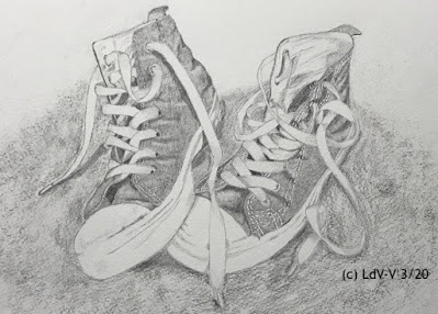 Graphite drawing of sneakers, casual shoes, white paper, artist Linzé Brandon, signed LdV-V