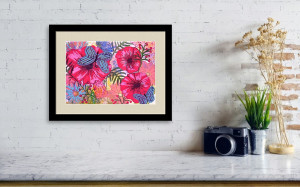 Flowers and butterflies: Original mixed media small format artwork painting by Maura Satchell. 7.5