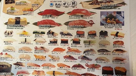 Photos of sushi on a menu in Tokyo, Japan