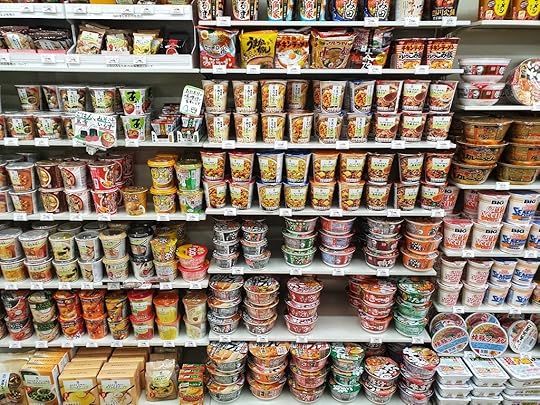 Shelves filled with ramen in a 7-11, Japan