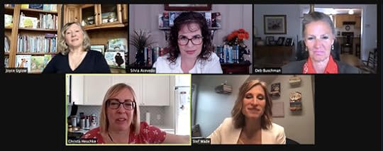 Photo shows hosts and speakers of SCBWI-Wisconsin's Spring Studio virtual conference. Shown are webinar coordinator Joyce Uglow, co-regional advisors Silvia Acevedo and Deb Buschman, literary agent Christa Heschke, and author Stef Wade.