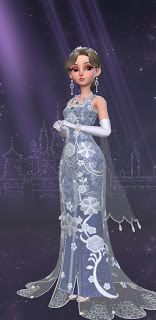 Yuko in an elaborate royal blue gown resembling Anastasia's opera dress