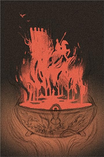 Monochromatic sketch in umbers and oranges of a footed bowl, with escutcheons and engravings, with steam rising from it in te shape of trees and an armed figure mounted on a horse
