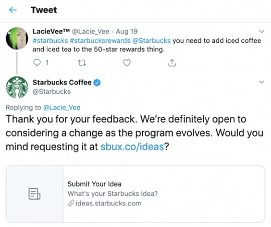 Starbuck's social media strategy encourages feedback by redirecting users dedicated website