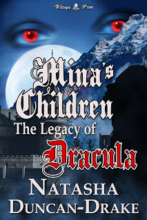 Silhouette of a woman in front of a Romanian castle and a mountain, with the moon and red eyes in the sky. Mina's Children: The Legacy of Dracula